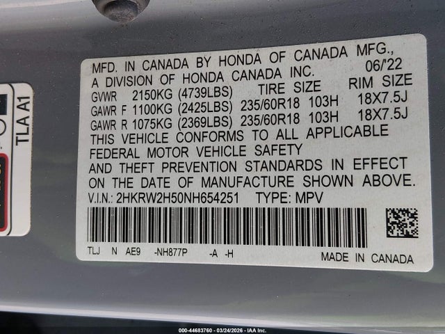 Aukcja sprzedaży 2022 Honda Cr-v Awd Ex, vin: 2HKRW2H50NH654251, numer aukcji: 44683760