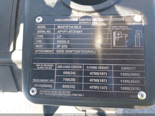 Продаж на аукціоні авто 2021 Unicarriers Forklift, vin: AP1F19T21541, номер лоту: 44683768