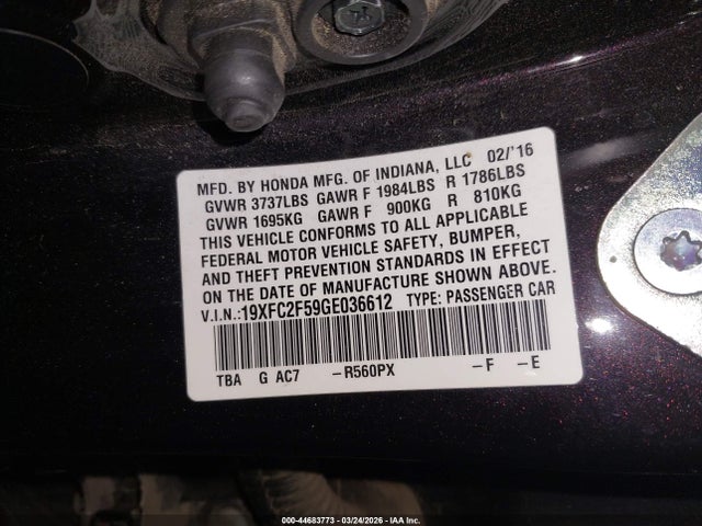 Honda Civic Lx 2016 19XFC2F59GE036612 Image 9