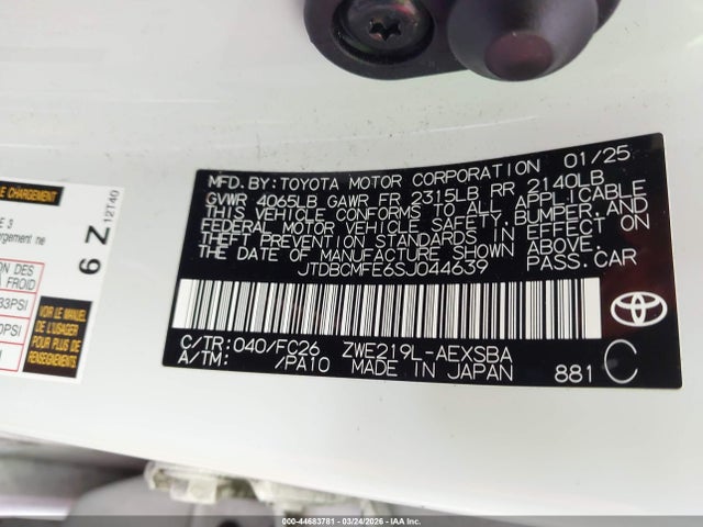44683781 :رقم المزاد ، JTDBCMFE6SJ044639 vin ، 2025 Toyota Corolla Hybrid Se مزاد بيع