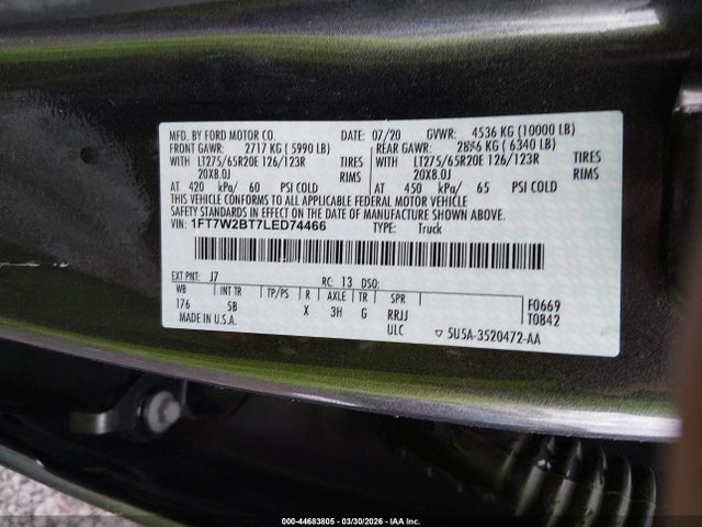 Продажа на аукционе авто 2020 Ford F-250 Lariat, vin: 1FT7W2BT7LED74466, номер лота: 44683805
