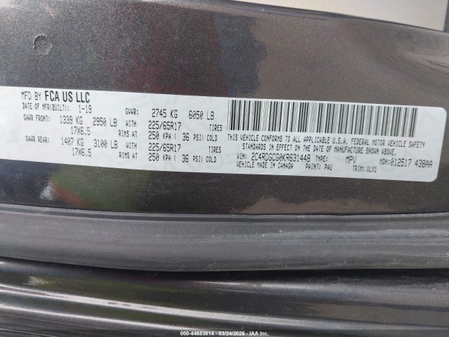 Продаж на аукціоні авто 2019 Dodge Grand Caravan Sxt, vin: 2C4RDGCG0KR631448, номер лоту: 44683814