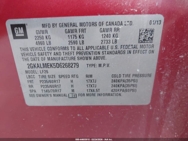 Продаж на аукціоні авто 2013 Gmc Terrain Sle-1, vin: 2GKALMEK5D6268279, номер лоту: 44683815