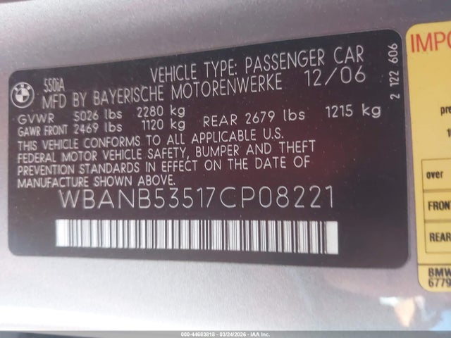 44683818 :رقم المزاد ، WBANB53517CP08221 vin ، 2007 Bmw 550i مزاد بيع