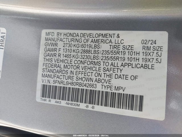 Honda Odyssey Touring 2024 5FNRL6H80RB042663 Image 9