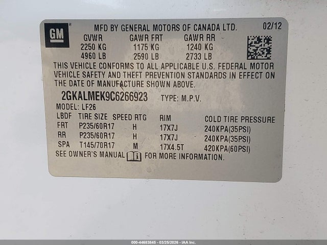 2012 Gmc Terrain Sle-1 მანქანა იყიდება აუქციონზე, vin: 2GKALMEK9C6266923, აუქციონის ნომერი: 44683845