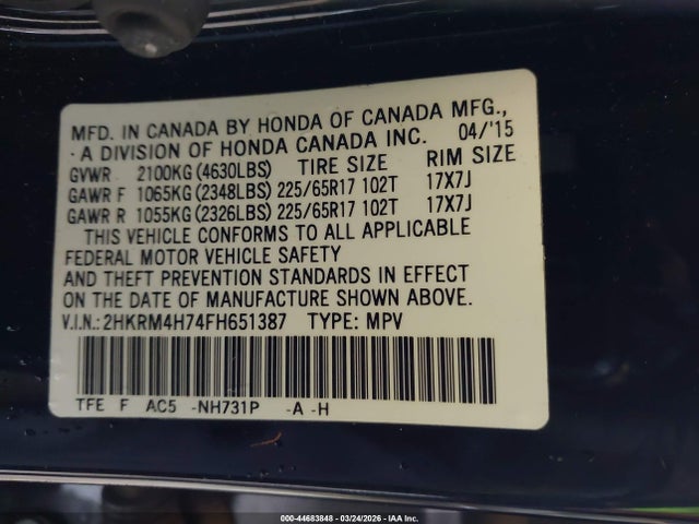 2HKRM4H74FH651387 Honda Cr-v Ex-l