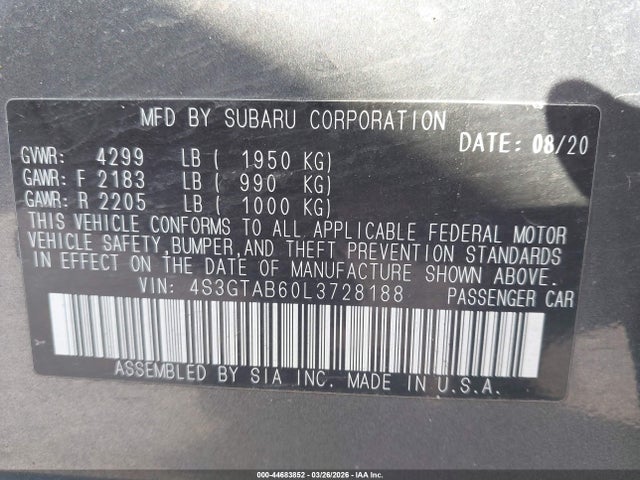 Aukcja sprzedaży 2020 Subaru Impreza 5-door, vin: 4S3GTAB60L3728188, numer aukcji: 44683852