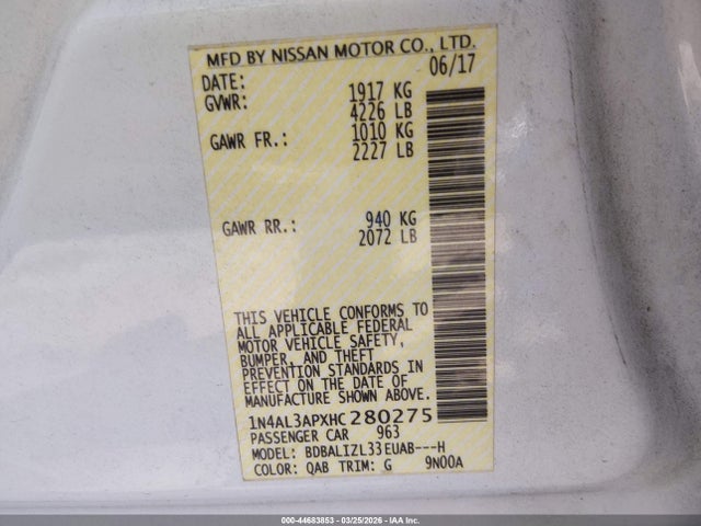 Aukcja sprzedaży 2017 Nissan Altima 2.5 Sv, vin: 1N4AL3APXHC280275, numer aukcji: 44683853