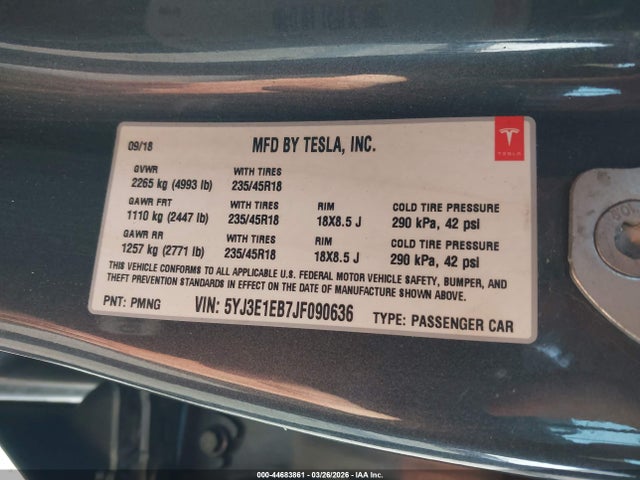 Продаж на аукціоні авто 2018 Tesla Model 3 Long Range/performance, vin: 5YJ3E1EB7JF090636, номер лоту: 44683861