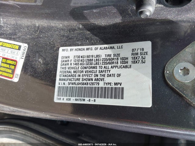 Aukcja sprzedaży 2019 Honda Odyssey Ex, vin: 5FNRL6H56KB128779, numer aukcji: 44683873