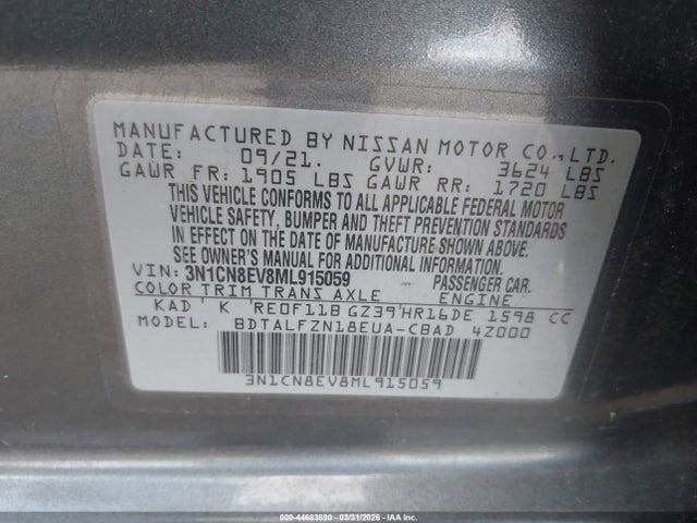 Продаж на аукціоні авто 2021 Nissan Versa Sv Xtronic Cvt, vin: 3N1CN8EV8ML915059, номер лоту: 44683890