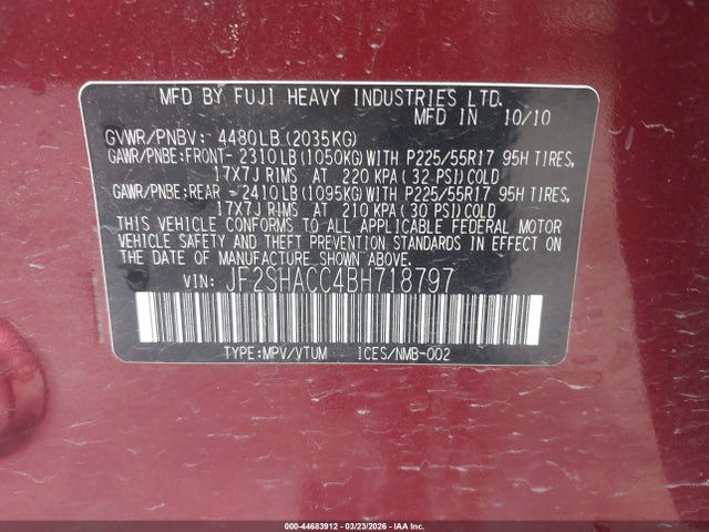 Продаж на аукціоні авто 2011 Subaru Forester 2.5x Premium, vin: JF2SHACC4BH718797, номер лоту: 44683912