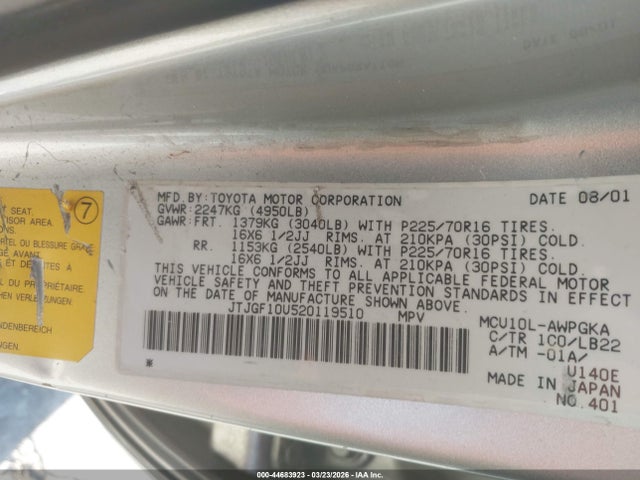44683923 :رقم المزاد ، JTJGF10U520119510 vin ، 2002 Lexus Rx 300 مزاد بيع