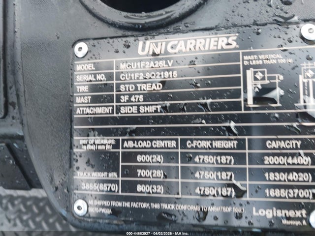 Продаж на аукціоні авто 2021 Unicarriers Forklift, vin: CUIF29Q21915, номер лоту: 44683927
