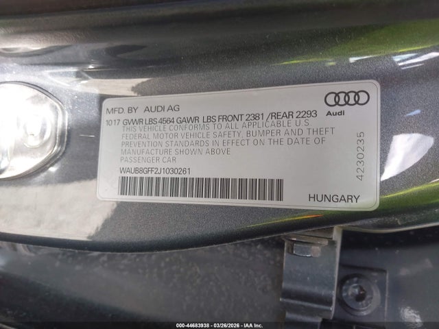 44683938 :رقم المزاد ، WAUB8GFF2J1030261 vin ، 2018 Audi A3 2.0t Premium/2.0t Tech Premium مزاد بيع