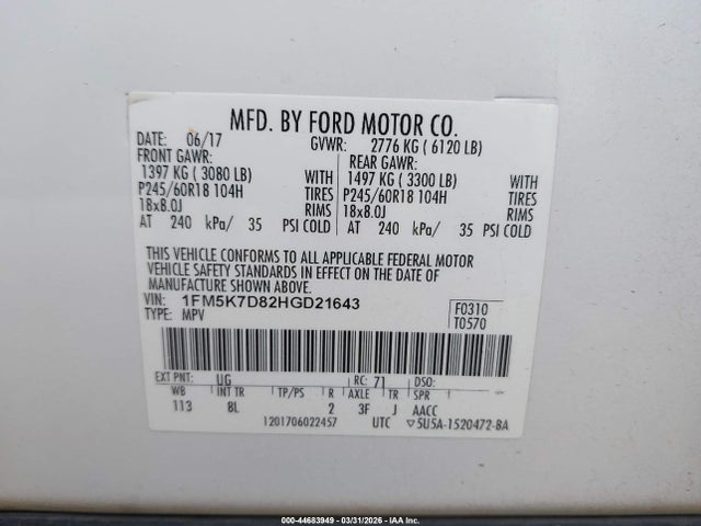 1FM5K7D82HGD21643 Ford EXPLORER XLT