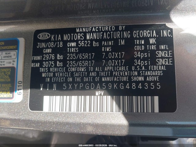 5XYPGDA59KG484355 KIA Sorento 3.3l Lx