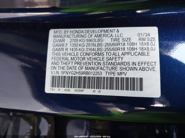 5FNYG2H59RB012253 Honda Pilot Ex-l 7 Passenger