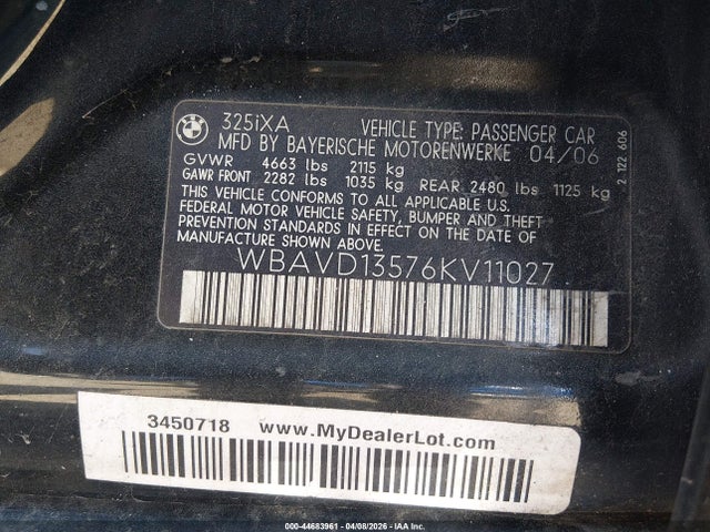 Продаж на аукціоні авто 2006 Bmw 325xi, vin: WBAVD13576KV11027, номер лоту: 44683961
