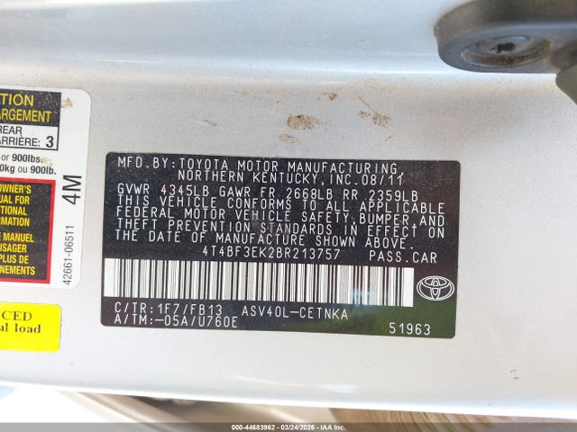 44683962 :رقم المزاد ، 4T4BF3EK2BR213757 vin ، 2011 Toyota Camry Le مزاد بيع