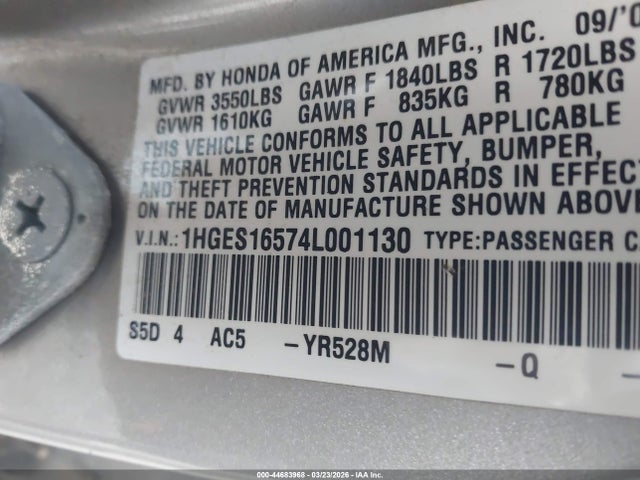2004 HONDA CIVIC 1HGES16574L001130 Photo 8