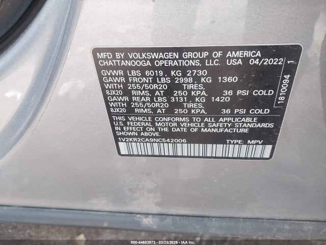 Aukcja sprzedaży 2022 Volkswagen Atlas 3.6l V6 Se W/technology, vin: 1V2KR2CA9NC542006, numer aukcji: 44683973