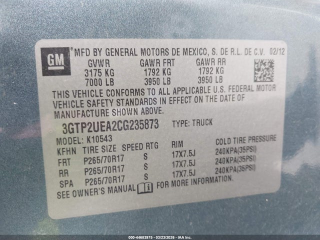 Продажа на аукционе авто 2012 Gmc Sierra 1500 Sl, vin: 3GTP2UEA2CG235873, номер лота: 44683975