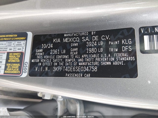 Продажа на аукционе авто 2025 Kia K4 Lxs, vin: 3KPFT4DE6SE034758, номер лота: 44683985