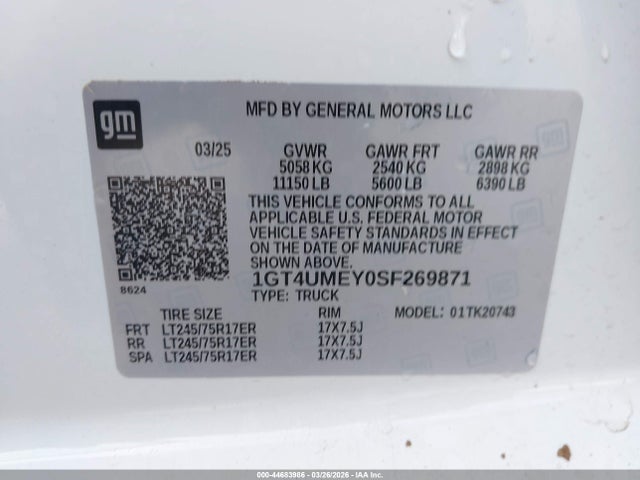 Aukcja sprzedaży 2025 Gmc Sierra 2500hd 4wd  Standard Bed Sle, vin: 1GT4UMEY0SF269871, numer aukcji: 44683986