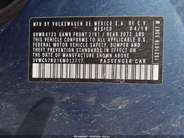 Продаж на аукціоні авто 2019 Volkswagen Jetta 1.4t R-line/1.4t S/1.4t Se, vin: 3VWC57BU1KM017717, номер лоту: 44683987