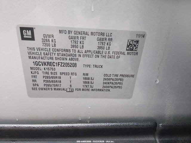 44683996 :رقم المزاد ، 1GCVKREC1FZ205208 vin ، 2015 Chevrolet Silverado 1500 1lt مزاد بيع