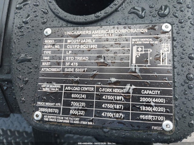Продаж на аукціоні авто 2021 Unicarriers Forklift, vin: CU1F29Q21892, номер лоту: 44684004