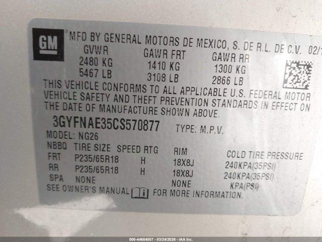 44684007 :رقم المزاد ، 3GYFNAE35CS570877 vin ، 2012 Cadillac Srx Luxury Collection مزاد بيع