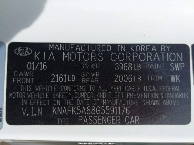 44684018 :رقم المزاد ، KNAFK5A88G5591176 vin ، 2016 Kia Forte Lx مزاد بيع