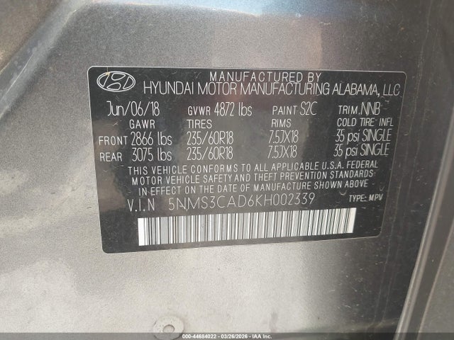 44684022 :رقم المزاد ، 5NMS3CAD6KH002339 vin ، 2019 Hyundai Santa Fe Sel Plus مزاد بيع