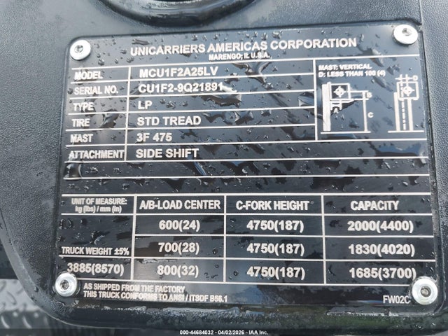 Продаж на аукціоні авто 2021 Unicarriers Forklift, vin: CU1F29Q21891, номер лоту: 44684032