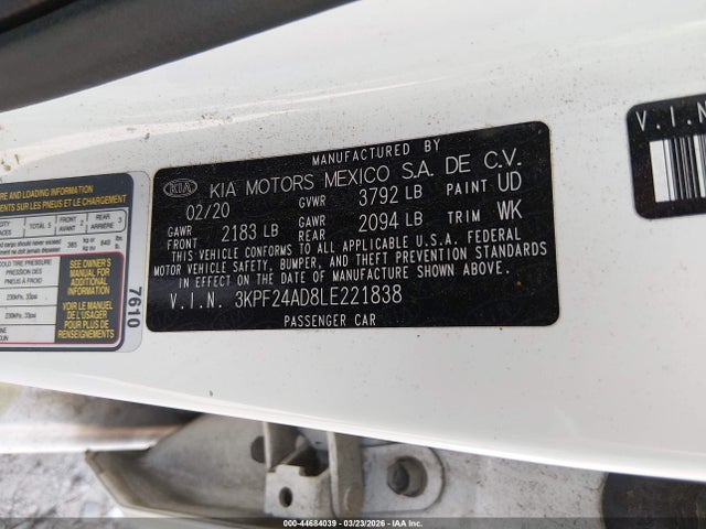 Продажа на аукционе авто 2020 Kia Forte Lxs, vin: 3KPF24AD8LE221838, номер лота: 44684039