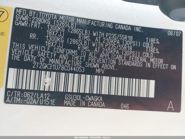 Продаж на аукціоні авто 2008 Lexus Rx 350, vin: 2T2GK31U78C044053, номер лоту: 44684044