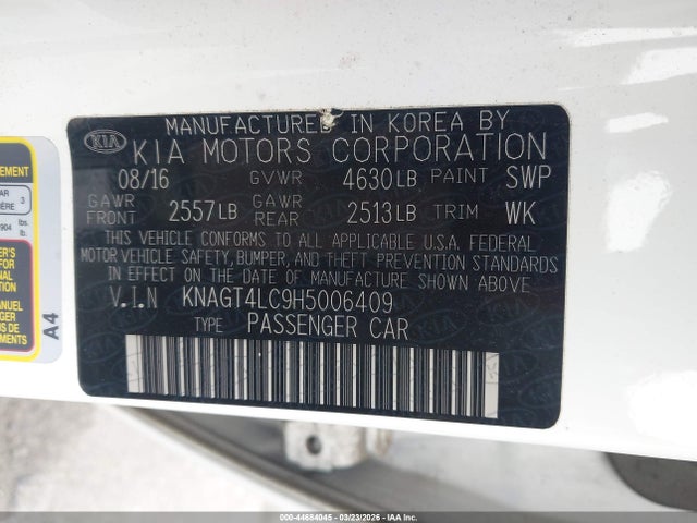 KNAGT4LC9H5006409 KIA OPTIMA HYBRID
