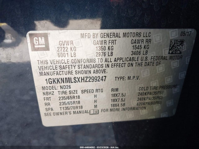 2017 Gmc Acadia Slt-1 მანქანა იყიდება აუქციონზე, vin: 1GKKNMLSXHZ299247, აუქციონის ნომერი: 44684092