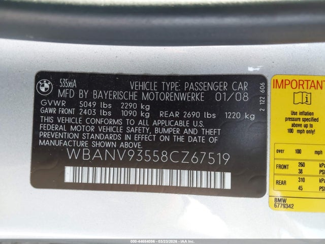 2008 BMW 535XI WBANV93558CZ67519 Photo 8