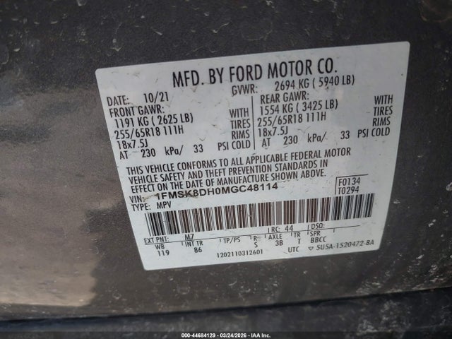 Продаж на аукціоні авто 2021 Ford Explorer Xlt, vin: 1FMSK8DH0MGC48114, номер лоту: 44684129