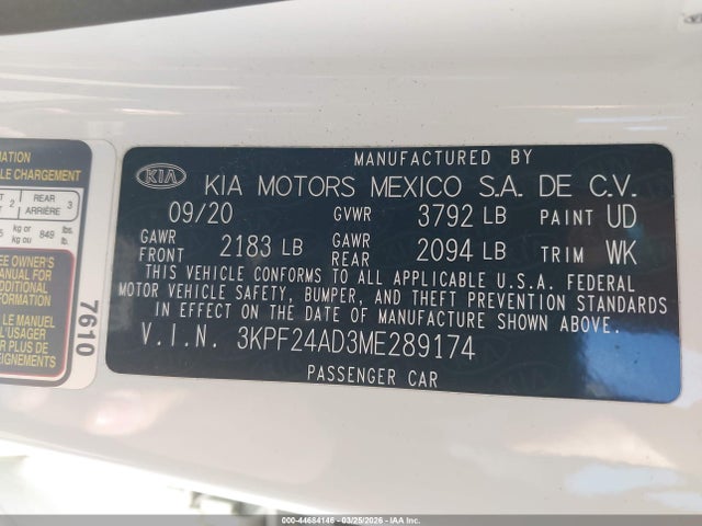 44684146 :رقم المزاد ، 3KPF24AD3ME289174 vin ، 2021 Kia Forte Lxs مزاد بيع