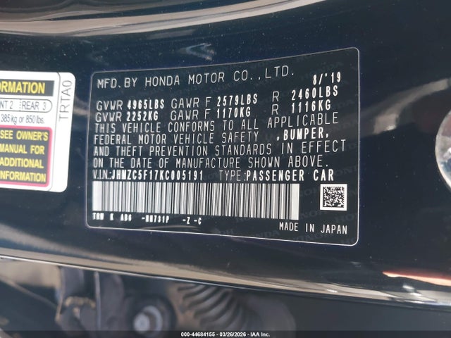 44684155 :رقم المزاد ، JHMZC5F17KC005191 vin ، 2019 Honda Clarity Plug-in Hybrid مزاد بيع