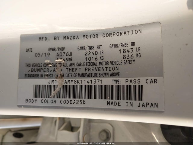 Продаж на аукціоні авто 2019 Mazda Mazda3 Preferred Package, vin: JM1BPAMM8K1141371, номер лоту: 44684157