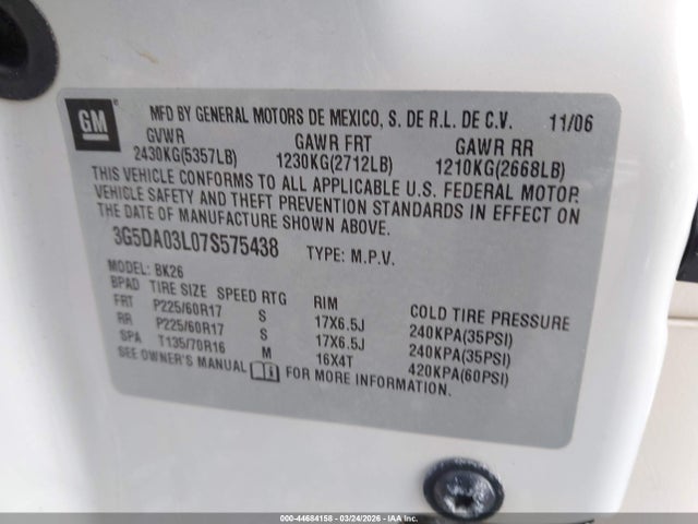 44684158 :رقم المزاد ، 3G5DA03L07S575438 vin ، 2007 Buick Rendezvous Cxl مزاد بيع