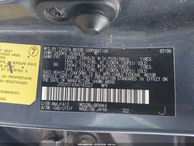 Продаж на аукціоні авто 2006 Toyota Highlander V6, vin: JTEEP21A360183323, номер лоту: 44684162