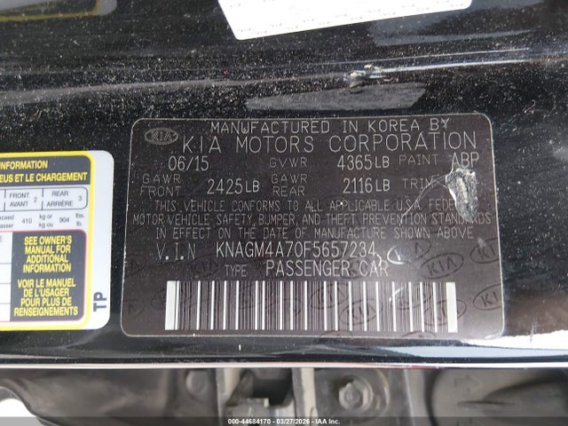 Продажа на аукционе авто 2015 Kia Optima Lx, vin: KNAGM4A70F5657234, номер лота: 44684170