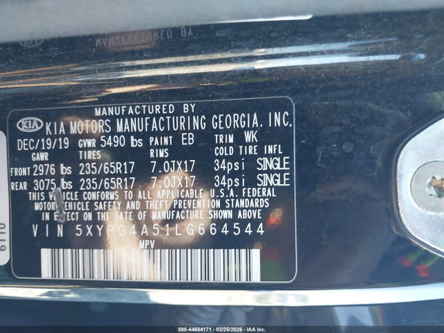 Aukcja sprzedaży 2020 Kia Sorento 3.3l Lx, vin: 5XYPG4A51LG664544, numer aukcji: 44684171